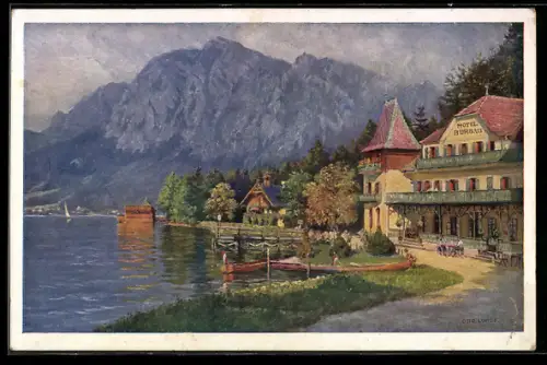 Künstler-AK Burgau am Attersee, Hotel und Seepanorama
