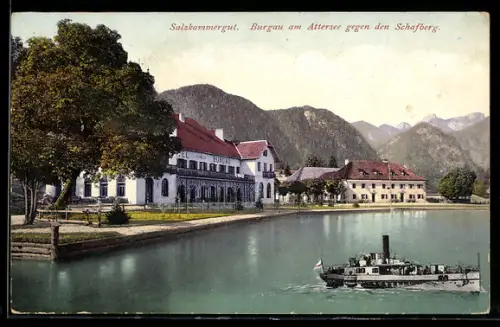 AK Burgau am Attersee, Seepanorama mit Hotel, Promenade und Dampfer, Schafberg