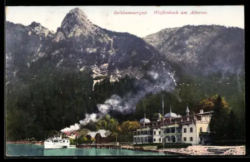 AK Weissenbach am Attersee, Seepanorama mit Hotel, Dampfschiff und Gebirge