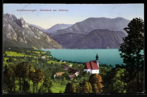 AK Steinbach am Attersee, Kirche, See und Gebirgspanorama