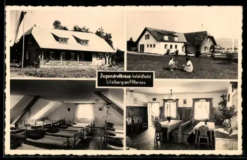 AK Seewalchen am Attersee, Litzlberg am Attersee, Jugendrotkreuz-Waldheim, Hausansichten, Schlafsaal und Speisesaal