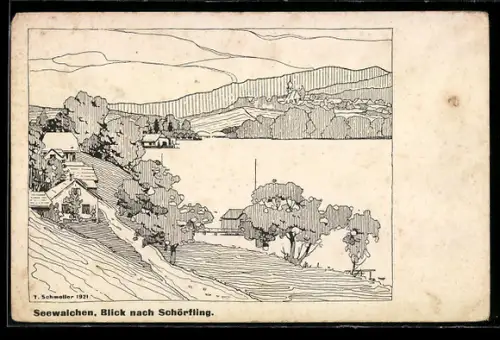 Künstler-AK Seewalchen, Blick nach Schörfling