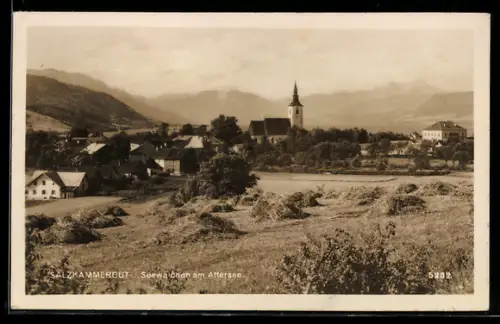 AK Seewalchen am Attersee, Dorfansicht mit Kirche und Gebirgspanorama