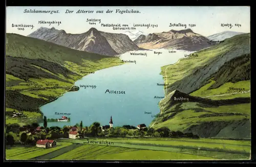 Künstler-AK Seewalchen /Attersee, Vogelschau mit See, Orten und Bergpanorama