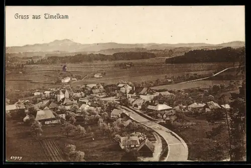 AK Timelkam, Panorama mit Ort und gewundener Strasse aus der Vogelschau