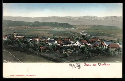 AK Timelkam, Ortsansicht mit Kirche und Bergpanorama