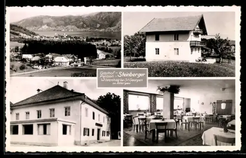 AK Strass im Attergau, Wildenhag bei St. Georgen, Gasthof Steinberger, Aussen- und Speisesaalansichten, Ortsansicht