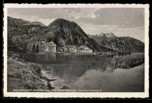 AK Weissenbach am Attersee, Uferpanorama mit Höllengebirge