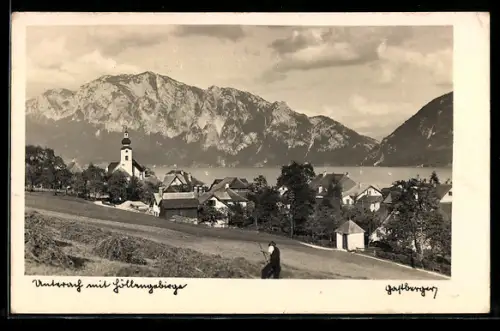 AK Unterach, Ort mit Kirche, See und Höllengebirge