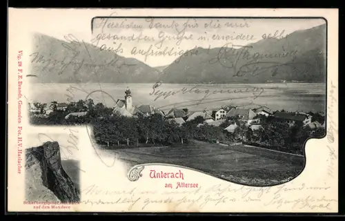 AK Unterach am Attersee, Ort und Bergpanorama See, Schafbergspitze