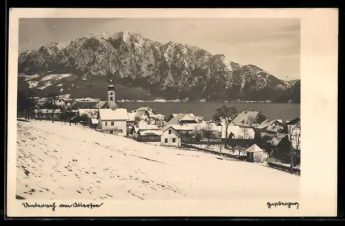 AK Unterach am Attersee, Ort und See im Winter