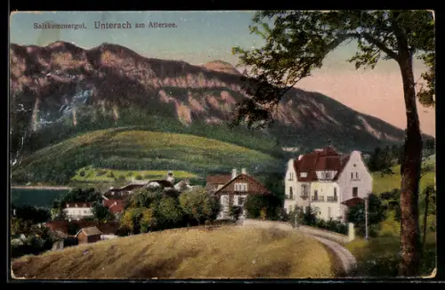 AK Unterach am Attersee, Ortspartie mit Villen, Seeblick und Gebirgspanorama