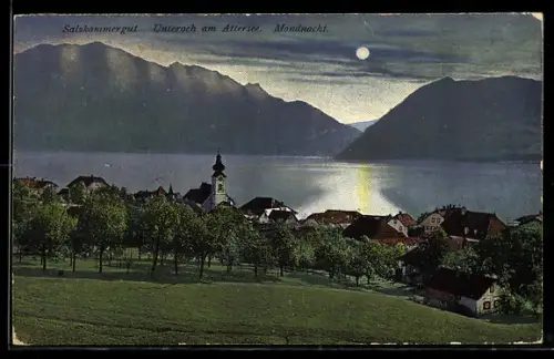 AK Unterach am Attersee, Mondnacht, Dorf mit Kirche am See