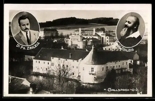 AK Gallspach /O.Ö., Schloss und Fabrik, Portraits F. u. V. Zeileis