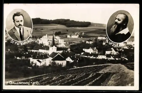AK Gallspach /O.Ö., Ortsansicht mit Kirche, Portraits F. u. V. Zeileis