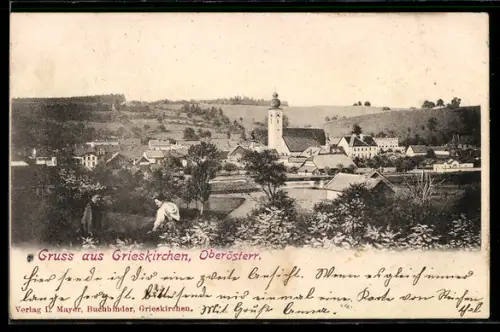AK Grieskirchen /Oberösterreich, Ortspanorama mit Kirche und Brücke