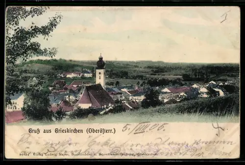 AK Grieskirchen /Ob. Öst., Ortspanorama mit Kirche u. Umgebung