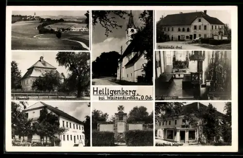 AK Heiligenberg bei Waizenkirchen, Andlingers Gasthaus, Gemeinde-Amt, Kaufhaus Wagner, Kirche