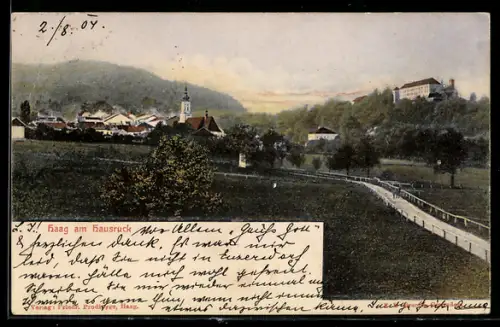 AK Haag am Hausruck, Ortspanorama mit Strasse und Schloss