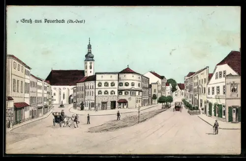 Künstler-AK Peuerbach /Ob.-Oest., Strassenpartie mit Kirche