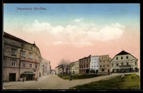 AK Peuerbach /Ob.-Oest., Strassenpartie mit Gasthaus und Geschäften