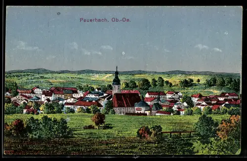 Künstler-AK Peuerbach /Ob.-Oe., Teilansicht mit Kirche