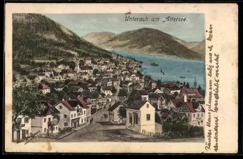 Künstler-AK Unterach am Attersee, Teilansicht mit Kirche und Strassenpartie
