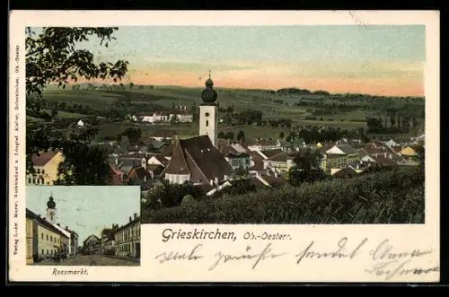 AK Grieskirchen /Ob.-Oesterreich, Teilansicht mit Kirche, Rossmarkt