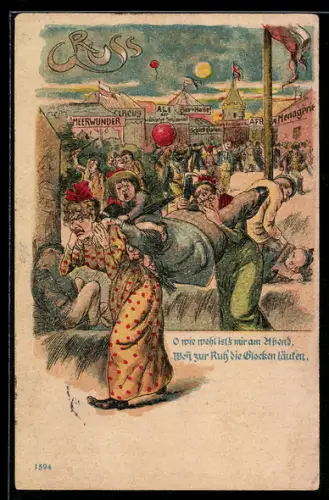 Lithographie Frauen tragen einen Mann vom Festplatz