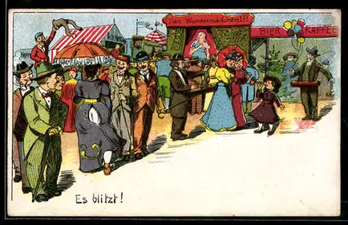 Lithographie Es blitzt, Frau mit offenem Kleid auf einem Volksfest