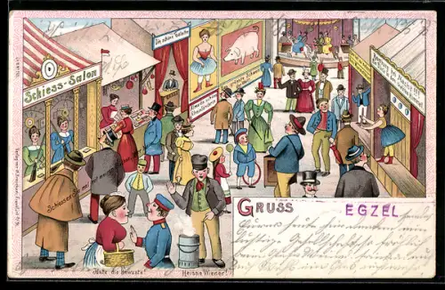 Lithographie Volksfest, Schiess-Salon, Karussell, Alma - die schöne Rheinländerin