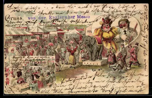 Lithographie Buntes Treiben auf einem Festplatz, Elefant
