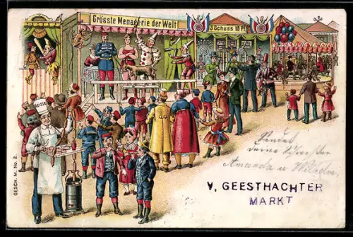 Lithographie Szenerie auf einem Volksfest mit Puppentheater, Menagerie und Schiessbude