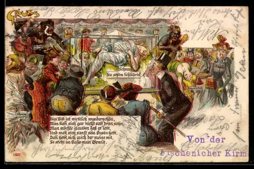 Lithographie Kirmesbesucher drängen sich um Schneo, die schöne Schläferin