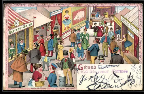 Lithographie Besucher an den Ständen auf einem Volksfest