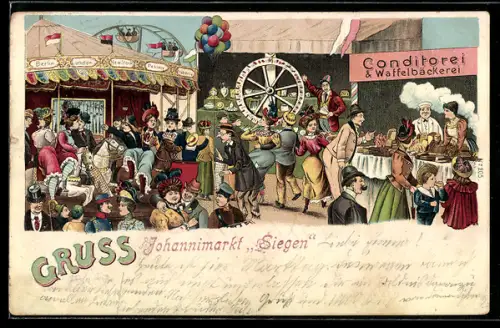 Lithographie Besucher des Volksfestes unterhalten sich am Karussel, an der Losbude u. der Waffelbäckerei