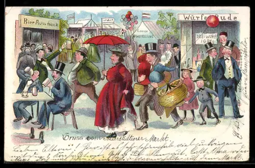 Lithographie Gruppe vor dem Bierausschank auf dem Volksfest