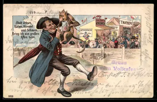 Lithographie Taucher- und Amazonen-Buden auf dem Volksfest, Besucher mit Affen auf dem Arm