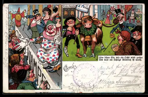 Lithographie Clown auf der Bühne beim Volksfest