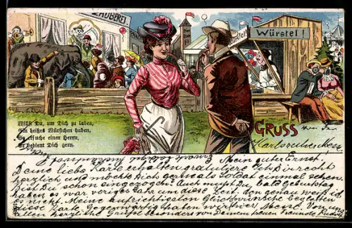 Lithographie Willst Du, um Dich zu laben, ein heisses Würstchen haben, Paar beim Flirten vor verschiedenen Schaubuden