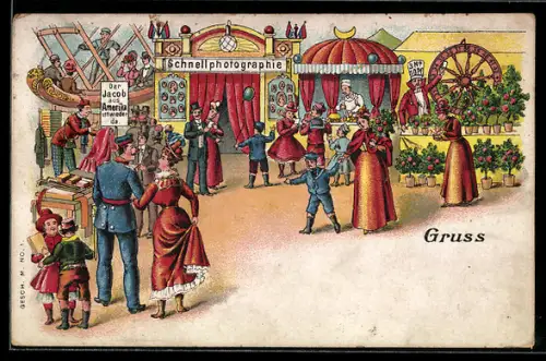 Lithographie Volksfest mit Glücksrad und Schnellphotographie