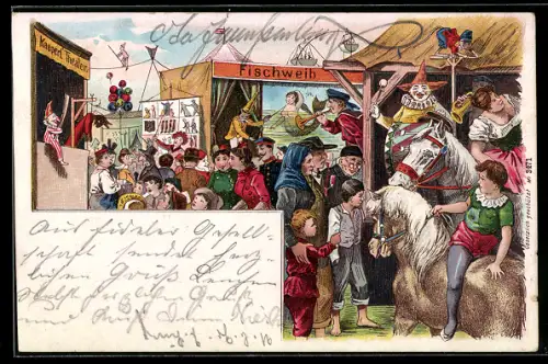Lithographie Belebte Partie auf dem Volksfest