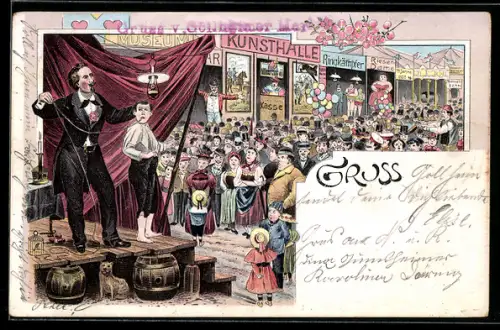 Lithographie Zauberer, Ringkämpfer & Riesendame auf einem Volksfest