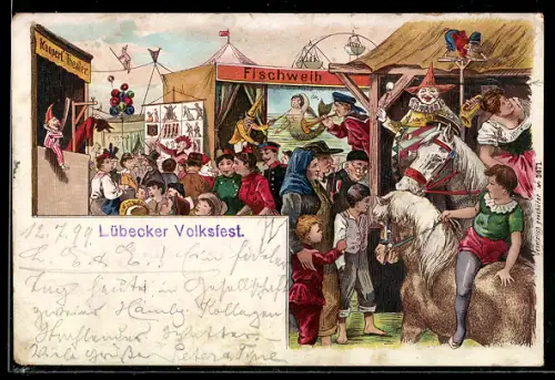 Lithographie Belebte Partie auf dem Volksfest, Fischweib