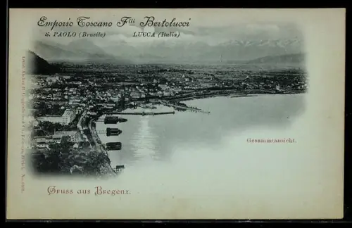 Mondschein-AK Bregenz, Gesamtansicht aus der Vogelschau, Werbung Emporio Toscano Flli Bertolucci