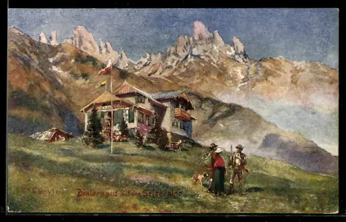 Künstler-AK Edward Theodore Compton: Dialerhaus auf der Seisseralpe, Wanderer vor der Berghütte