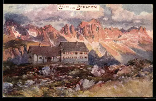 Künstler-AK Edward Theodore Compton: Seis am Schlern, Panorama mit Hotel