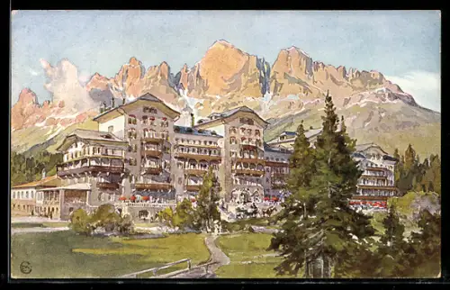 Künstler-AK Karersee, Karerseehotel, Frontansicht mit Rosengarten