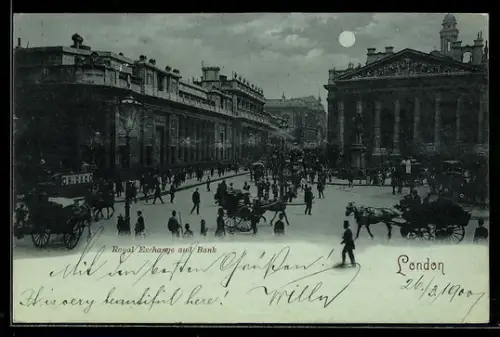 Mondschein-AK London, Royal Exchange and Bank