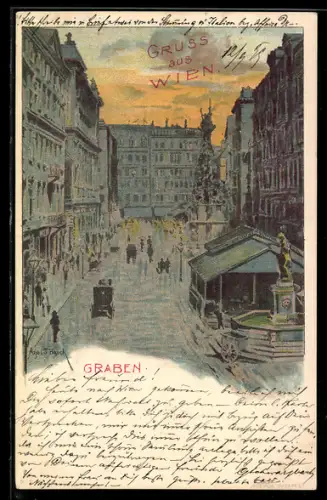 Lithographie Wien, Graben mit Denkmal am Abend